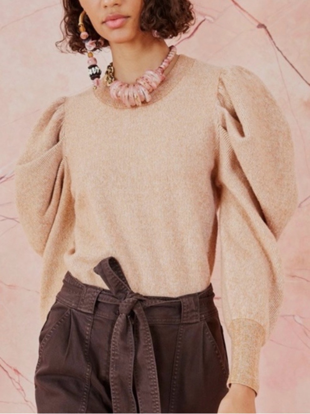 Ulla Johnson Marin 100% Merino Wool Puff Sleeve Knit Pullover Sweater Amber S